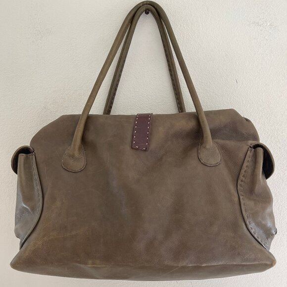 HENRY BEGUELIN LARGE Olive Green Satchel/Bag; Brown Trim; Excellent Condition! - Picture 2 of 10